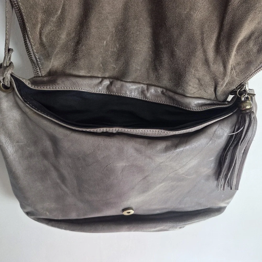Italian Gray Genuine leather fold over boho shoulder crossbody bag Hippe Tassle